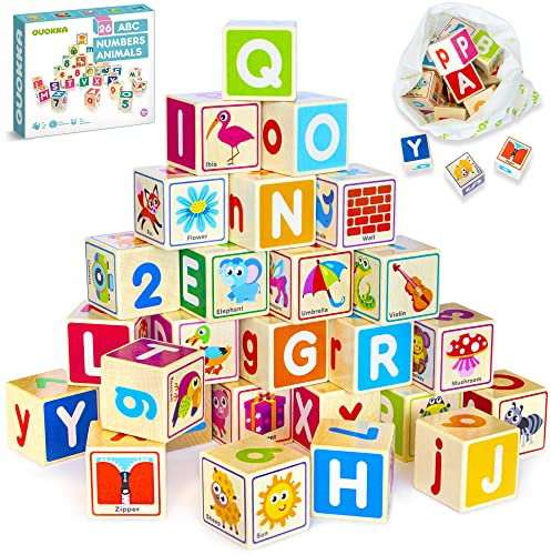 QUOKKA Wooden Building Blocks for 1 2 3 Year Olds - Baby Blocks Toys for Boys & Girls - 26 Number & Alphabet Puzzle Blocks for Toddlers - Educational Game for 4 5 6 Year Old Kids