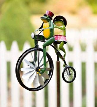 Tianbi Moving Vintage Metal Wind Spinner Cute Animal Motorcycle Garden Pile Metal Wrought Iron Frog Ornament Wind Spinner Pole Garden Yard Lawn Windmill Decoration