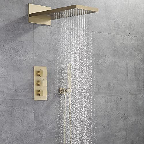 Lopus Shower System, Wall Mounted Conceal Thermostatic Shower Faucet Set Brushed Gold Brass Square rain Fall Style in Wall Luxury Shower Set,Brushed Gold