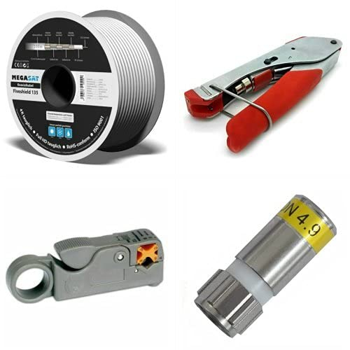 AC-Sat-Corner 100m Megasat Koaxialkabel 135db 5 Fach + Kompressionszange + Abisolierer + F-Kompressionsstecker Cabelcon F-6-TD 4.9 70x Stück