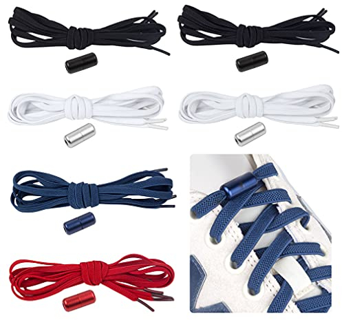 Feibmir 2-6 par elastiska skosnören utan knytning, universella skosnören för barn och vuxna, utan bygel platta skosnören för löparskor med metalllås, 4 färger (platt), En Storlek