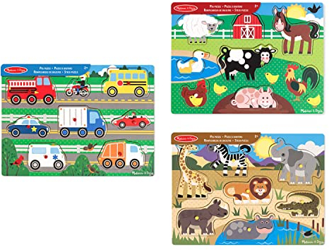 Melissa and Doug Wooden Toys - 3 Peg Boards for Children - Farm Animals, Safari & Vehicles, Learning Toys for 2 Year Old Girls & Boys Toddler Puzzles Gifts, Kids Wooden Jigsaws for Children Age 2-4