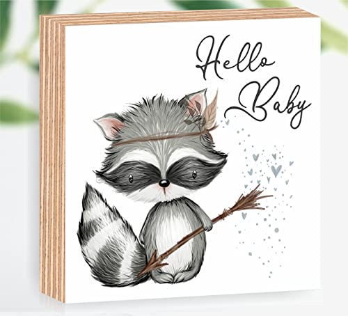 Manschin-Laserdesign Holzbild Hello Baby 15x15x2cm zum Hinstellen/Aufhängen 3D, Fotodirektdruck auf beschichtetes Birkenholz. Kinderzimmer Babyzimmer Deko (Waschbär)