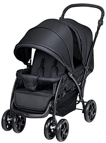 COSTWAY Double Pushchair, Foldable Twin Tandem Stroller with Adjustable Backrest, Push Handle & Footrest, 5 Points Safety Belts, Sunshade & Storage Basket, for from Birth to 15kg (Black)