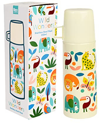 Rex London Wild Wonders Print Edelstahl Isolierflasche mit Becher, 350 ml, 1003.5 cm³, Edelstahl, Kunststoff, Kontrolliertes Ausgießen, THERMOS, Thermos-Flasche, Thermos