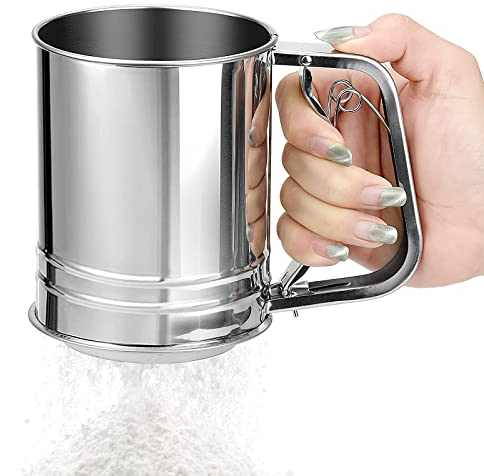 ALFFREUDE Tamiz de Harina 500 ML Colador de Taza para Hornear Colador de harina Tamiz para harina y azúcar en Polvo con Mango Acero Inoxidable Plata