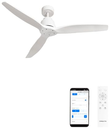 CREATE/ WINDSTYLANCE NATURAL WOOD/Deckenventilator Weiß mit WLAN und Fernbedienung / 40W, Timer, Ø132 cm, 6 Geschwindigkeiten, Timer, Sommer-Winterbetrieb, doppelte Höhe, DC-Motor