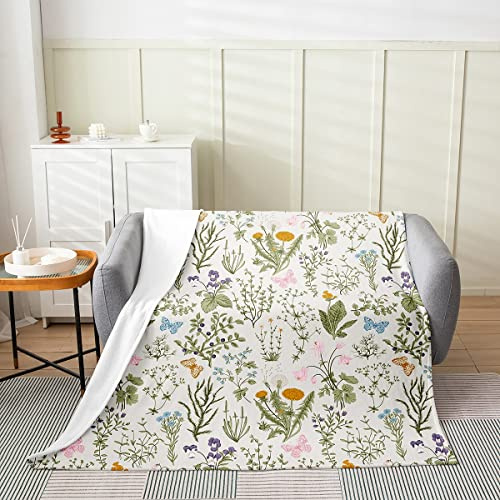 Floral Flannel Fleece Blanket, Rusric Flower Daisy Dandelion Throw Blanket, Farmhouse Botanicalative Plush Blanket for Kids Girls Boys Green Cream Fuzzy Blanket 40x50 Inch