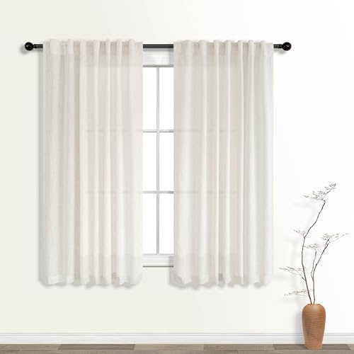 KOUFALL Kurzer Badezimmervorhang für Fenster, halbtransparente Leinen-Vorhänge für Schlafzimmer, 132 x 137 cm lang, Set mit 2 Paneelen