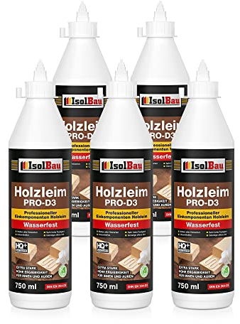 Isolbau Holzleim PRO-D3-5 x 750 ml (860 g) Extra starker Holzkleber für alle Holzarten, für Innen & Außen, Wasserfest, Lösemittelfrei