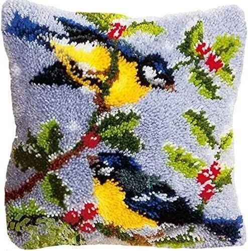 ROCKY&CHAO Knüpfteppich Zum Selber Knüpf-Sets mit Kissen knüpfen-Set 43x43cm Kissenbezug-Set für Erwachsene und Kinder Latch Hook Kit Heimaccessoire（Zwei Pirolen）