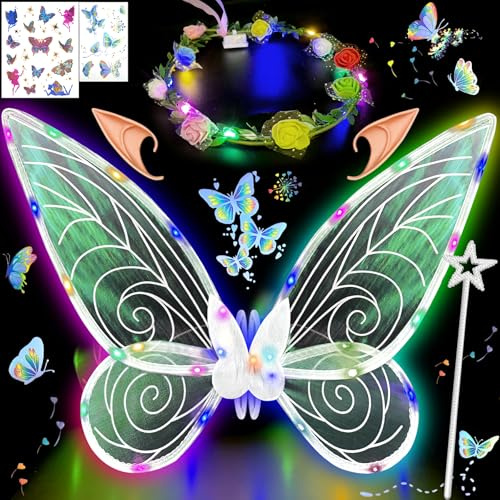 YeahBoom LED Feenflügel Leuchtende,Schmetterlingsflügel mit Elfenöhren,LED Fee Stirnband und Sterne Feenstäbe,Schmetterlingsflügel,Prinzessinnenflügel,Flügel Kostüm für Fasching oder Feen-Mottopartys