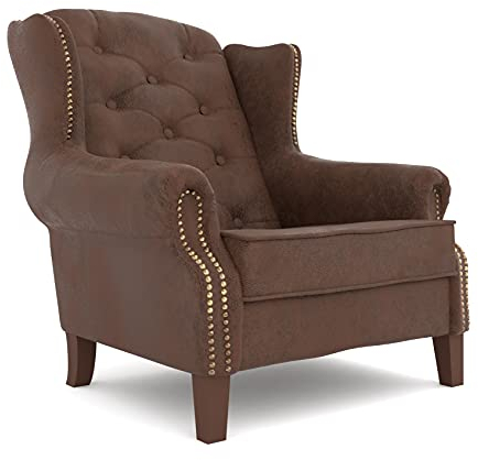 S-Style Möbel Sargans Chesterfield Sessel Ohrensessel Für Wohnzimmer Schlafzimmer Louge Büro Loungesessel Polstersessel Cocktailsessel Holzbeine Öko Leder Braun 102 x 93 x 102 cm