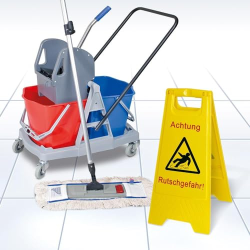 BRB Komplett-Set 8-teilig, Reinigungswagen mit 2 Eimern 17 Liter, Mopppresse, Alu-Teleskopstiel, Mopp-Halter, Profi-Wischmopp, Warnschild