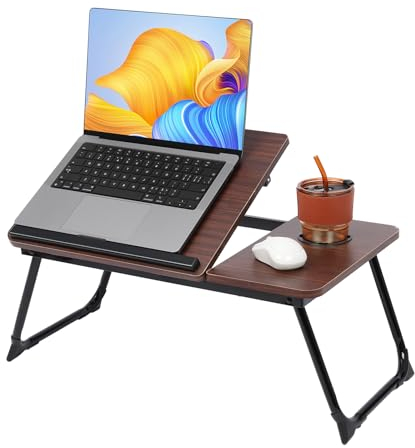 Laptop Tisch für Bett,EDWINENE Betttablett Klappbar Höhenverstellbarer Laptoptisch für Couch, Laptop Betttisch mit Getränkehalter, Folding Table für Arbeiten Studieren Lesen Essen (Braun)