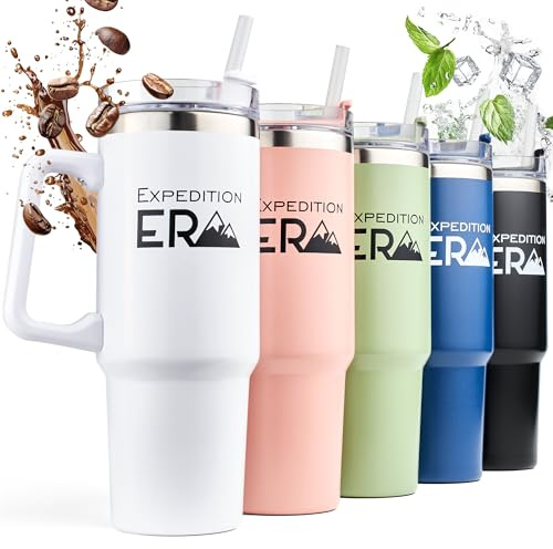 ExpeditionEra Termo Cafe - Taza Térmica 880ml - Botella Agua Acero Inoxidable - Vaso Térmico con Asa y Pajita - Botella Termica - Termo Cafe Para llevar - Taza Aislada Al Vacío - sin BPA (Blanco)