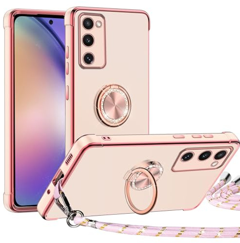 TUUTPU Handyband für Samsung Galaxy S20 FE Hülle mit Band, Herz Muster Handyhülle mit 360° Ring Ständer Dünn Silikon TPU Stoßfeste Schutzhülle mit Abnehmbar Kordel zum Umhängen mit Schnur, Rosa