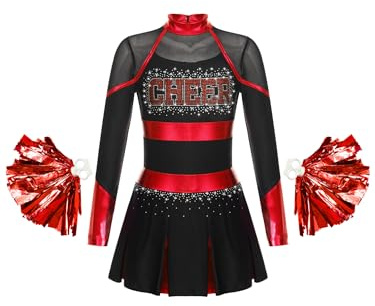 YiZYiF Costume Cheer- Leader Cheerleading per Ragazze Manica Lunga Uniforme con Pompo da Studentessa Carnevale Festa di Carnevale Costume di Halloween Nero rosso 13-14 anni