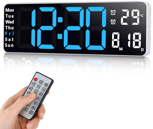 Fuloon Digitale Wanduhr,USB Wanduhr mit 13-Zoll-Großdisplay,LED-Digitaluhr mit Fernbedienung,Timing und Countdown,digitaler Wecker mit Datum,Woche,Temperatur (Blau, 13 Zoll)