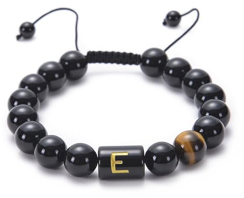 Wycian Herren Armband Kette, Partnerarmbänder Verstellbar Perlen Onyx Kristall Schwarz Verstellbare Perlen mit Buchstabe E 18cmx10mm 1er Naturstein