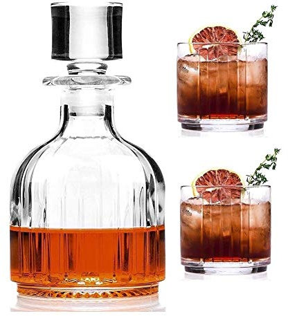 LeGDOr Botellero Estante para Vino Soporte para Copa de Vino Juego de decantador de Whisky para Licor Scotch Bourbon o Vino, Incluye 2 Vasos de Whisky para Licor, Brandy, Vodka y Whisky escocés