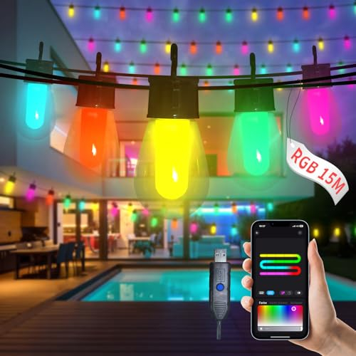 Traumheim 15M LED fata luci potenza esterna 20 RGB S14 lampadina, app intelligente con 99 + modalità e timer, per patio impermeabile all'aperto, cortile, festa, matrimonio, giardino, balcone （USB）