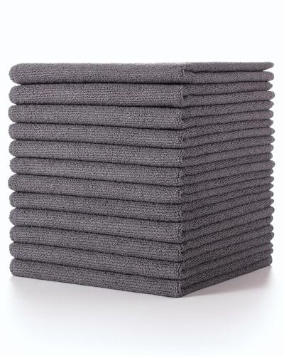 Lumimi Cleaning Cloth 12 Piece Microfiber Ultrafine Very Thick Wiping Drying Well Durable Reusable Size 15 x 15 Dark Grey, Pack of 12