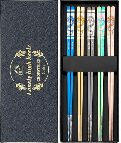Essstäbchen Wiederverwendbare 5 Paar Stäbchen zum Essen Essstäbchen Edelstahl Essstäbchen Spülmaschinenfest Stäbchen Wiederverwendbare Essstäbchen Metall Geschenkset für Zuhause Restaurant Camping