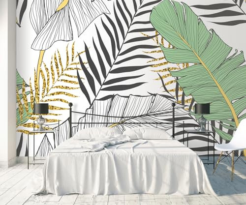 songqians Papier Peint Panoramique Noir blanc feuilles vert Papier Peint 3D Tapisserie Murale Décoration Chambre Salon -S026-350cmx250cm
