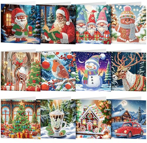 Alftek 12 Stück Diamond Painting Weihnachtskarten, 5D Diamant Malerei Weihnachten Karten Geburtstag Karte Weihnachtskarte Diamant Painting Geschenkkarte Weihnachtsdeko