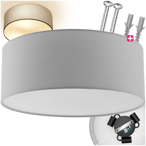 TecTake® Plafoniera Rotonda, Paralume in Tessuto Effetto Lino, Struttura in Acciaio, Design Senza Tempo, Fino a Tre Lampadine, Ideale per Salotto, Ufficio, Camera da Letto - Grigio