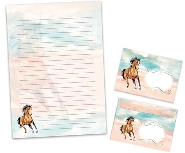 Briefpapier-Set Briefblock mit Umschlag für Jungen Mädchen Kinder Tiere Pferd rosa blau (Block A4 mit 25 Blätter + 15 Umschläge)