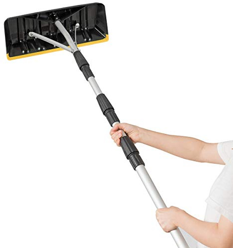 GYMAX Râteau à Neige Télescopique en Aluminium 188-640cm, Longueur Réglable, Grande Lame Rotative, Idéal pour Déneigement, Enlever Les Feuilles/Débris