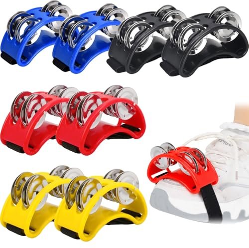 Eorbow 8 Packs Foot Tambourine for Adult, Foot Drums with Elastic Strap, Foot Percussion Shakers with Steel Jingle Bells, Musical Instrument Percussion for Guitar Cajon Banjo Playing