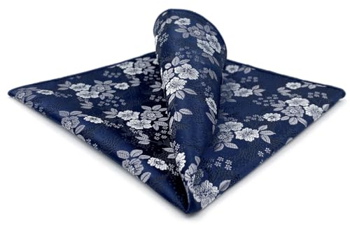 S&W SHLAX&WING Pañuelo de Bolsillo Floral Azul Marino Plata Blanco para Hombre Fiesta Tejido Toque de Seda