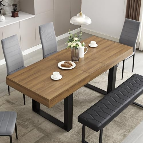 STHOUYN 63”-79” Extendable Dining Room Table, Modern Farmhouse Wooden Kitchen Table, Long Expandable Dining Table for 6 8 10, Large Expanding Tables Conference Tables (Walnut Brown)