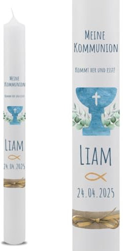 VILLA ROSA LOTTA – Personalisierbare Kommunionkerze Liam mit Wunschdaten und Rückseite | christliche Symbole | 40 cm x 4 cm |Kelch | für Jungen und Mädchen | Motto 2025