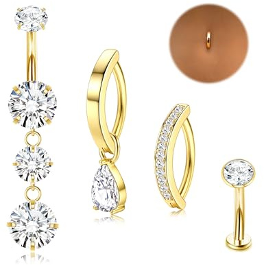 Chriscoco Navelstänger 14 g kirurgiskt rostfritt stål navelpiercing allergivänlig klicker navelring silver/guld dinglande magstänger CZ navelpiercing smycken för kvinnor flickor, 54 (17.2), Rostfritt