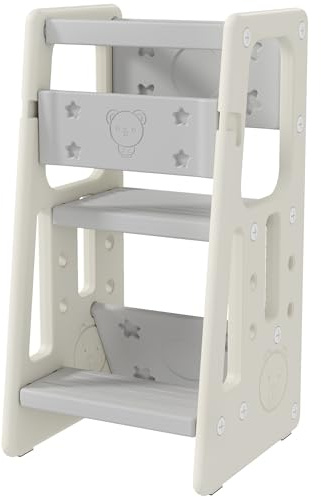 HOMCOM Learning Tower Torre di osservazione montessoriana per bambini da 18 mesi a 5 anni Altezza regolabile su 3 livelli in HDPE Carico massimo 65 kg 47 x 47 x 90 cm grigio crema