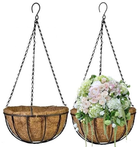 Abbdbd 2 Macetas Colgantes con Forro De Fibra De, Soporte para Plantas De Alambre Redondo De Metal con Cadena para Decoración del Hogar, Jardín Aire Libre, 2 Unidades