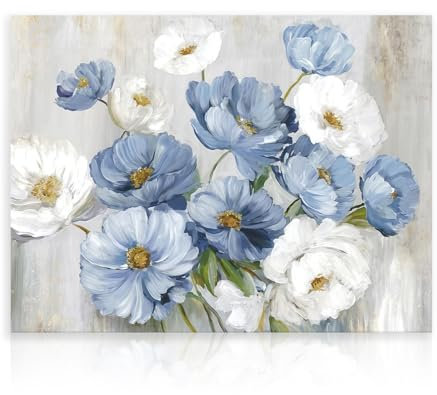 Dazzlewall Blue White Floral Wall Art, Watercolor Flower Canvas Picture for Bathroom Bedroom Living Room Decor 12x16 in Unframed