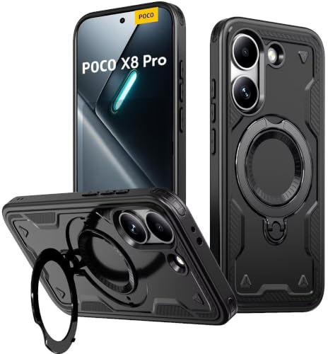 KANSi Fodral för Xiaomi Poco X8 Pro (6,59 tum) med skyddsglas x 2, militärt mobiltelefonfodral, stativ, stötsäkert fodral med metallring ringhållare – pansarfodral, svart