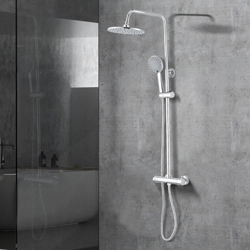 Columna de Ducha Termostática STANEW Sistema de Ducha Termostática 38°C, con Cabezal de Ducha Redondo de ABS, Ducha de Lluvia Ajustable en Altura (Plata)