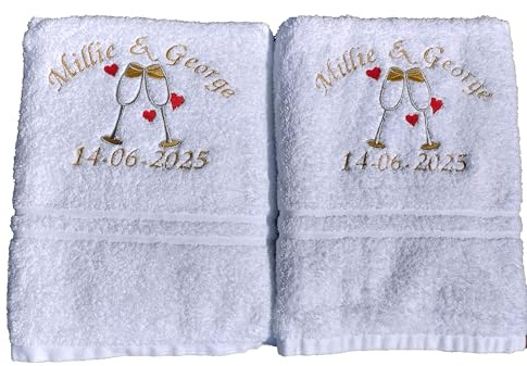 Giftsabc Personalised 2 piece towel set wedding engagement anniversary with champagne glasses and hearts bath or hand towels (2 hand towels)