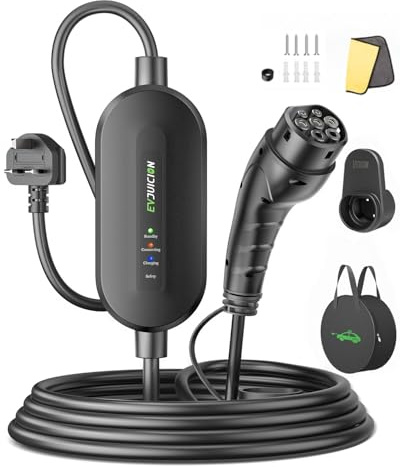Evjuicion EV Charger 3 Pin Plug 15M, [2.3kW, 10A] EV Charger Cable Type 2 to 3 Pin Plug, IP67/IP65 Electric Car Charger Type 2 Charging Cable with Gun Holder & Carry Bag