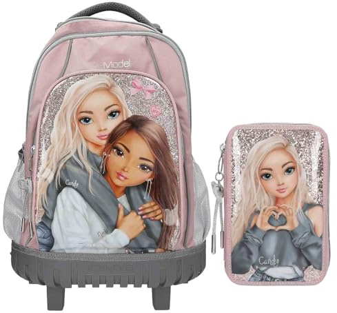 Depesche – TOPModel My BFF – Schulrucksack Trolley und 2-Fach-Federtasche, mit Model Motiv und Glitzer, Schultasche mit verstellbaren Trägern, Federmappe mit Buntstiften, Schere, Lineal UVM.