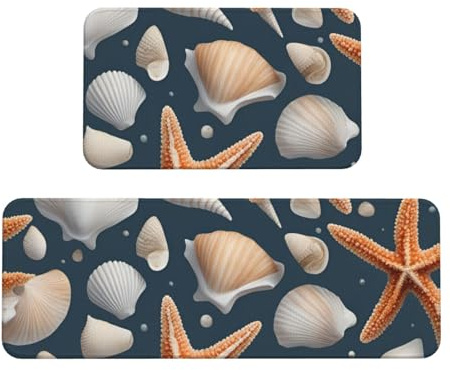 Bodenmatte mit Seestern und Muschel-Druck, rutschfest, wasserdicht, bequem, Stehmatte, Dekoration, 2 Sets