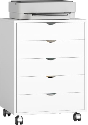 HOMCOM Büro-Aktenschrank mit 5 Schubladen, Rädern und Block, Büro-Aktenschrank für A3/Letter/A4 Dokumente, Vertikaler platzsparender Büroschrank, 50x40x67,5 cm, Weiß