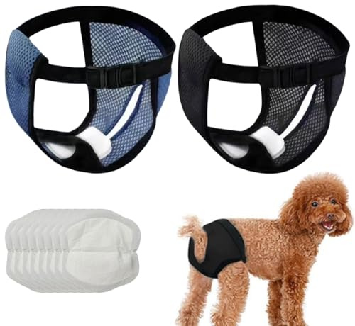 2 Stück Hundehose für Hündinnen, Wiederverwendbare & Atmungsaktive Schutzhose mit 8 Ersatzpads, Verstellbare Windelhose für Läufigkeit, Inkontinenz (XL, Schwarz & Dunkelblau)