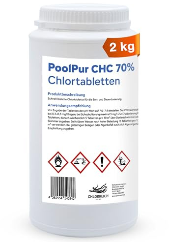 PoolPur CHC 70% Chlortabletten – Schnell lösliche Chlor Tabletten für Pool & Whirlpool – Erst- & Dauerdosierung gegen trübes Poolwasser – 2 kg